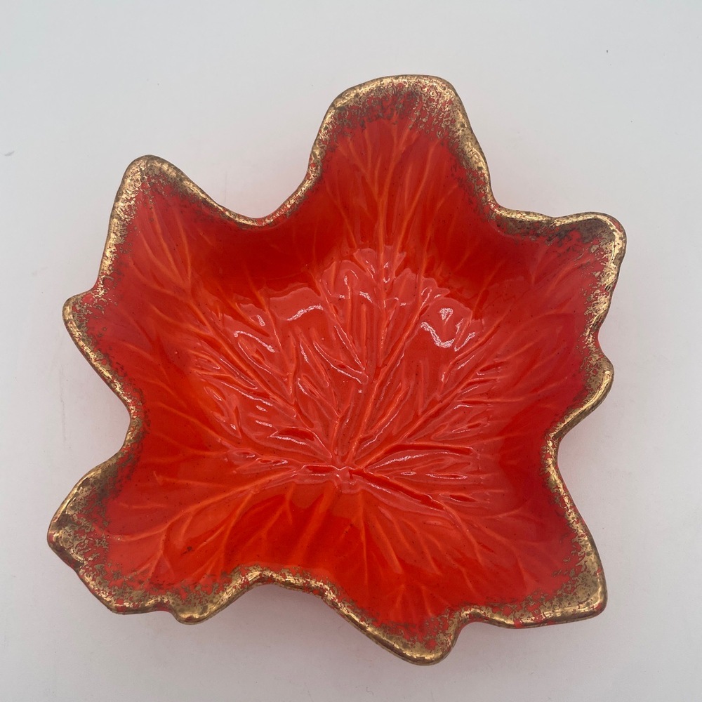 CALIFORNIA Pottery Leaf Dish Flaming Orange With Gold Trim USA VINTAGE MCM Fall